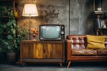 An Antique Television Is Positioned On A Wooden Cabinet, Placed Beside A Cozy Sofa, Within A Chic And Fashionable Living Space.