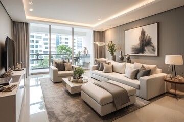 Sticker - The luxury apartment has a contemporary and trendy design, with a focus on light colors. The spacious interior is adorned with stylish decor, set against large windows that allow ample natural light