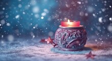Christmas Candle With Burning Flame On The Snow, Generative Ai