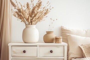 Wall Mural - Beige neutral tones dominate the home interior decor, featuring a white dresser adorned with a vase of dried flowers, rattan bags, and a candle. This arrangement represents a still life composition