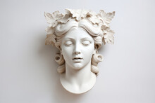 Antique Roman Greek White Marble Gypsum Bust Of Woman With Grape Leaves In Hair On Light Background. Culture History Concept