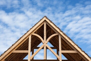 A detailed view of the gables roof on a newly constructed stick built home in Humble, Texas. The roof is made up of wooden trusses, with a post and beam framework, and it stands against a backdrop of