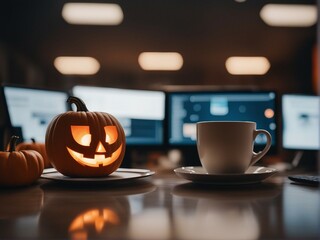 pumpkin for halloween on the desktop in the office. Computer, coffee cup