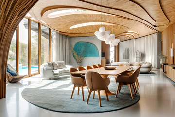 Brown leather chairs at wood dining table in room with abstract wood lining ceiling and paneling walls. Minimalist scandinavian interior design of modern dining room.