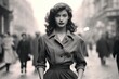 woman walking in Paris in 1950 monochromatic vintage