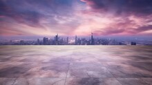 Empty Marble Floor With Cityscape And Skyline In Purple Cloud Sky Created With Generative AI