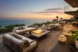 © 2rogan - A high end residence features a deck with a picturesque ocean view, complete with a fireplace, hot tub, and outdoor furniture.