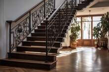 There Is A Staircase With Wooden Steps And Handrails Made From Natural Wood, White Risers, And Spindles Made Of Wrought Iron.