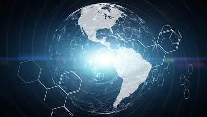 Poster - digital earth planet with chemical hexagon bonds loop motion background.