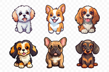 Small breed dogs stickers. Chihuahua, french Bulldog, Cavalier King Charles Spaniel, Welsh Corgi, Papillon dog portrait. Very cute generative ai illustration of toy dog.