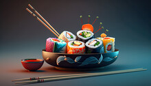 Japanese Sushi Food. Maki Ands Rolls With Tuna, Salmon, Shrimp, Crab And Avocado. Top View Of Assorted Sushi, All You Can Eat Menu. Rainbow Sushi Roll, Uramaki, Hosomaki And Nigiri - Generative AI