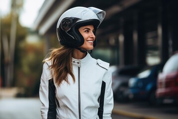 Wall Mural - Young cool woman wearing motorcycle gear and helmet, AI Generated