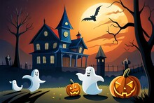 Kids Illustration, Spooky Halloween Scene With Ghosts Pumpkins Bats And Old H Ouse In Background, Cartoon Style, Thick Lines, Low Detail, Vivid Color 
