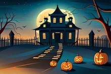 Kids Illustration, Spooky Halloween Scene With Ghosts Pumpkins Bats And Old H Ouse In Background, Cartoon Style, Thick Lines, Low Detail, Vivid Color 