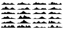 Black Rock, Hill And Mountain Silhouettes, Vector Landscape With Rocky Ranges, Snow Peaks And Ridges. Mountain Skyline Nature Landscape Of Outdoor Adventure, Hiking Or Climbing Sport, Camping, Tourism