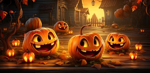 Wall Mural - Funny halloween pumpkins on scary background. Illustrations perfect for tickets, flyers, advertising, etc.