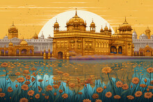 A Beautiful Illustration Of  The Golden Temple. Decorative Illustration Of Sri Harmandir Sahib. Generative AI.