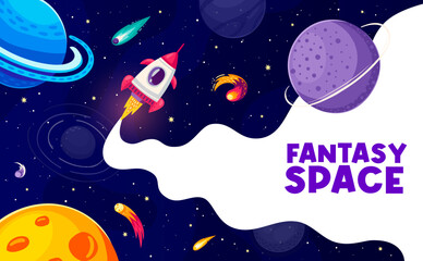 Wall Mural - space poster. cartoon rocket, space planets, asteroids and comets on starry galaxy landscape vector 