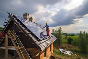 Wall Mural - a worker installs solar panels on the roof of a house. alternative energy sources