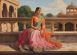 Painting of an Indian woman wearing a saree sitting on a palace balcony. Inspired by historical Indian princess. Generative Ai.