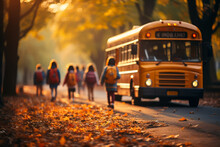 Schoolchildren On Blurred Background Of The Bus. Back To School