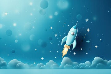 Wall Mural - Blue background with space rocket and copy space. It's a boy backdrop with empty space for text. Baby shower or birthday invitation, party. Baby boy birth announcement. Men's Day. Generative AI.