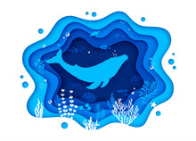 Sea Paper Cut Banner With Whale Silhouette And Underwater Landscape. Ocean Water Waves Vector Background With Whale, Sea Turtle And Starfish Marine Animals, Fish Shoals, Seaweeds And Bubbles