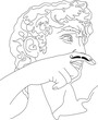 Vector line art sketch: David of Michelangelo with mustache drawn on finger. Element for design card, poster, illustration, print.