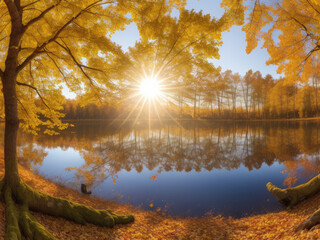 Wall Mural - trees reflection in lake surrounded by gold autumn forest