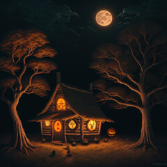 Sticker - AI generative illustration with whitch hut and halloween pumpkins under full moon