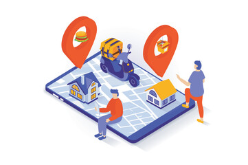 Fototapete - Food delivery concept in 3d isometric design. People ordering products bags and fast food meal, payung online and tracking courier shipping. Vector illustration with isometry scene for web graphic