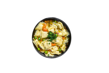 Wall Mural - Broth soup with ravioli dumplings pasta in a pan. High quality Isolate, transparent 