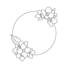 Wall Mural - Wreath of simple twigs with flowers. Circle frame with black lines on white background, sketch, Doodle style. Hand drawn vector illustration with copy space