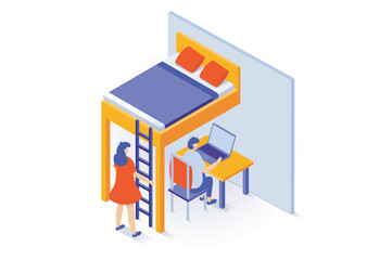 Poster - Home interior concept in 3d isometric design. People in bedroom with hanging bed and ladder, small workplace with table, chair and laptop. Vector illustration with isometry scene for web graphic
