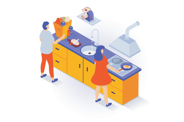 Poster - Home interior concept in 3d isometric design. People stand in kitchen room with tables, products bags on countertop, cooking at stove with hood. Vector illustration with isometry scene for web graphic