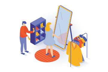 Poster - Home interior concept in 3d isometric design. People stand in dressing room, fitting clothes by mirror, wardrobe with shoe racks and hangers. Vector illustration with isometry scene for web graphic