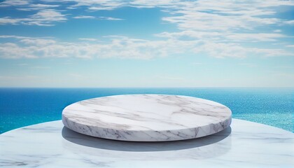 white blank marble table top view with blurred ocean sea island background with blue sky. Generative in ai