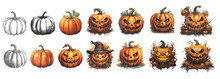 Halloween Pumpkins. Large Set Of Vector Isolated Holiday Pumpkins In Different Drawn Styles. Pencil Sketch, Watercolor, 3d Vectorized Illustrations. 