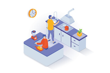 Poster - Home interior concept in 3d isometric design. People cook in kitchen room with tables, sink, stove and hood, blender and other appliances. Vector illustration with isometry scene for web graphic