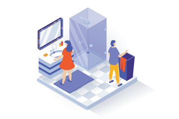 Poster - Home interior concept in 3d isometric design. People stand in bathroom with shower cabin, washbasin and mirror, laundry basket, tile flooring. Vector illustration with isometry scene for web graphic