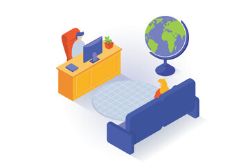 Poster - Home interior concept in 3d isometric design. People in boss office or reception room with desk and computer, globe and big sofa for visitors. Vector illustration with isometry scene for web graphic