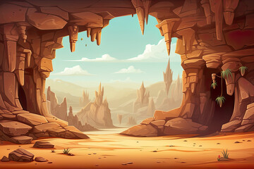 Wall Mural - Abstract 2D desert cave background environment for adventure or battle mobile game. Desert cave cartoon style with rocks in game art background environment.