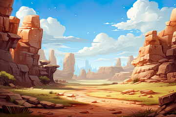 Abstract 2D desert cave background environment for adventure or battle mobile game. Desert cave cartoon style with rocks in game art background environment.