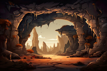Wall Mural - Abstract 2D desert cave background environment for adventure or battle mobile game. Desert cave cartoon style with rocks in game art background environment.
