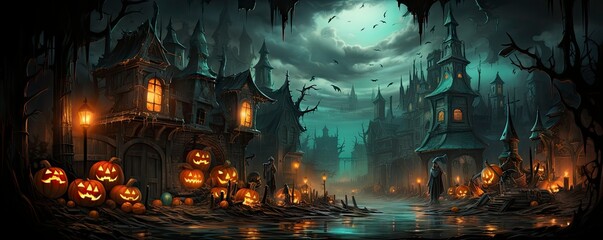 Wall Mural - Halloween night with a spooky house and bats, halloween background.