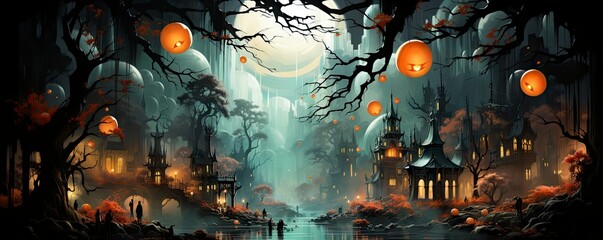 Wall Mural - Halloween night with a spooky house and bats, halloween background.