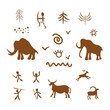 Set of cute rock drawings in a cartoon style. Vector illustration of various drawings of primitive people, prehistoric symbols of hunters in various poses, ornaments, plants, animals: mammoths, deer.