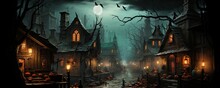 Halloween Night With A Spooky House And Bats, Halloween Background.