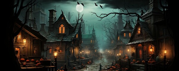 Wall Mural - Halloween night with a spooky house and bats, halloween background.