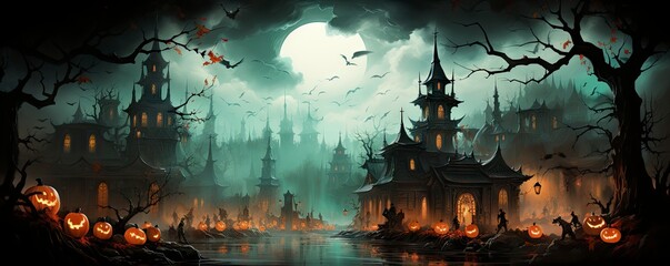 Wall Mural - Halloween night with a spooky house and bats, halloween background.